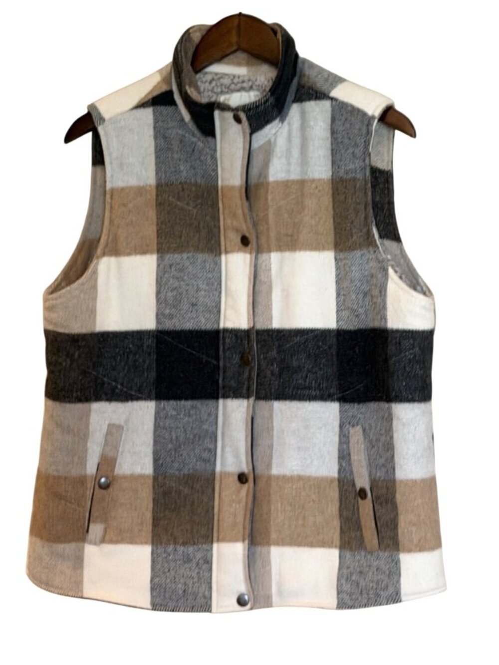 Altar'd State Sleeveless Plaid Sherpa Lined Vest Tan Gray Size Large